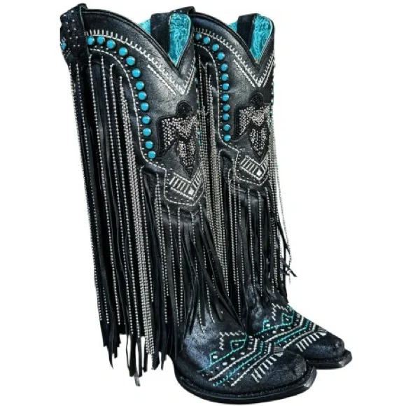 CORRAL EMBROIDERED AND CRYSTAL Black and Turquoise Eagle FRINGE WESTERN BOOTS - Picture 1 of 15